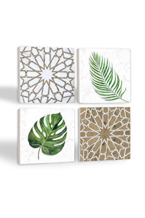 Etnik Desen, Yaprak Taş Bardak Altlığı Masaüstü Koruyucu Altlık 4 Parça Set 10x10cm Stone Coasters