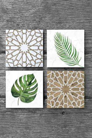 Etnik Desen, Yaprak Taş Bardak Altlığı Masaüstü Koruyucu Altlık 4 Parça Set 10x10cm Stone Coasters