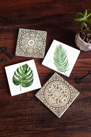 Etnik Desen, Yaprak Taş Bardak Altlığı Masaüstü Koruyucu Altlık 4 Parça Set 10x10cm Stone Coasters