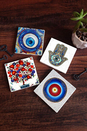 Nazar, Nar Ağacı, Fatma Ana Eli (Hamsa) Taş Bardak Altlığı Masaüstü Koruyucu Altlık 4 Parça Set 10x10cm Stone Coasters