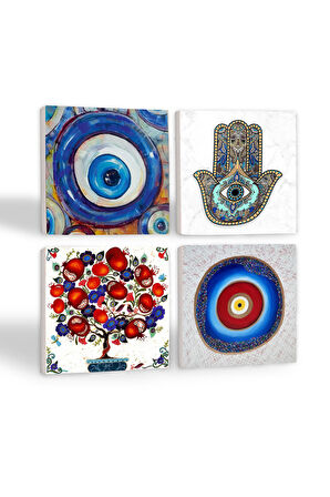 Nazar, Nar Ağacı, Fatma Ana Eli (Hamsa) Taş Bardak Altlığı Masaüstü Koruyucu Altlık 4 Parça Set 10x10cm Stone Coasters