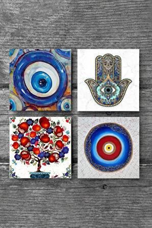 Nazar, Nar Ağacı, Fatma Ana Eli (Hamsa) Taş Bardak Altlığı Masaüstü Koruyucu Altlık 4 Parça Set 10x10cm Stone Coasters