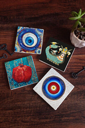 Nazar, Şahmeran, Nar Taş Bardak Altlığı Masaüstü Koruyucu Altlık 4 Parça Set 10x10cm Stone Coasters