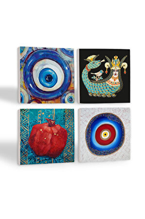 Nazar, Şahmeran, Nar Taş Bardak Altlığı Masaüstü Koruyucu Altlık 4 Parça Set 10x10cm Stone Coasters