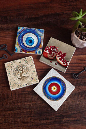 Nazar, Hayat Ağacı, Nar Taş Bardak Altlığı Masaüstü Koruyucu Altlık 4 Parça Set 10x10cm Stone Coasters