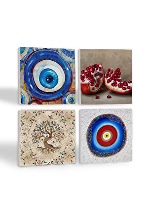 Nazar, Hayat Ağacı, Nar Taş Bardak Altlığı Masaüstü Koruyucu Altlık 4 Parça Set 10x10cm Stone Coasters