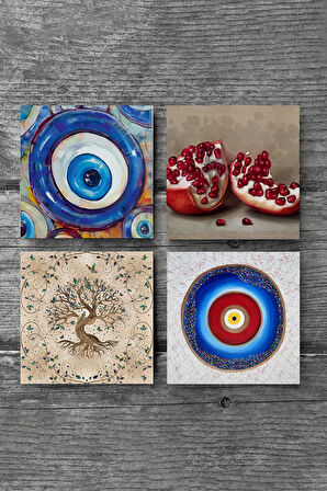 Nazar, Hayat Ağacı, Nar Taş Bardak Altlığı Masaüstü Koruyucu Altlık 4 Parça Set 10x10cm Stone Coasters