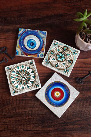 Nazar, Çini Sanatı Taş Bardak Altlığı Masaüstü Koruyucu Altlık 4 Parça Set 10x10cm Stone Coasters