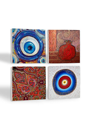 Nazar, Desen, Nar Taş Bardak Altlığı Masaüstü Koruyucu Altlık 4 Parça Set 10x10cm Stone Coasters