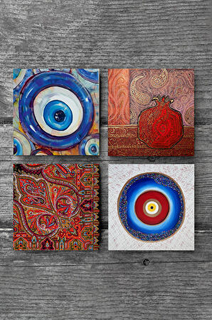 Nazar, Desen, Nar Taş Bardak Altlığı Masaüstü Koruyucu Altlık 4 Parça Set 10x10cm Stone Coasters