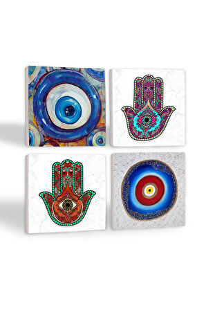 Nazar, Fatma Ana Eli (Hamsa) Taş Bardak Altlığı Masaüstü Koruyucu Altlık 4 Parça Set 10x10cm Stone Coasters