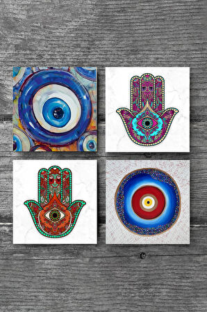 Nazar, Fatma Ana Eli (Hamsa) Taş Bardak Altlığı Masaüstü Koruyucu Altlık 4 Parça Set 10x10cm Stone Coasters