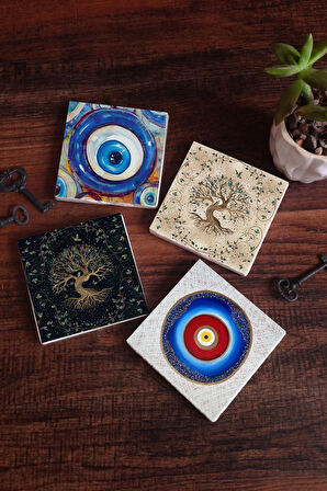 Nazar, Hayat Ağacı Taş Bardak Altlığı Masaüstü Koruyucu Altlık 4 Parça Set 10x10cm Stone Coasters