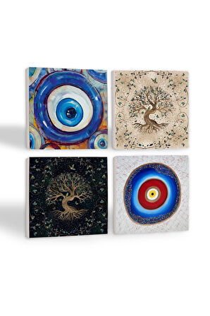 Nazar, Hayat Ağacı Taş Bardak Altlığı Masaüstü Koruyucu Altlık 4 Parça Set 10x10cm Stone Coasters