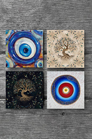 Nazar, Hayat Ağacı Taş Bardak Altlığı Masaüstü Koruyucu Altlık 4 Parça Set 10x10cm Stone Coasters