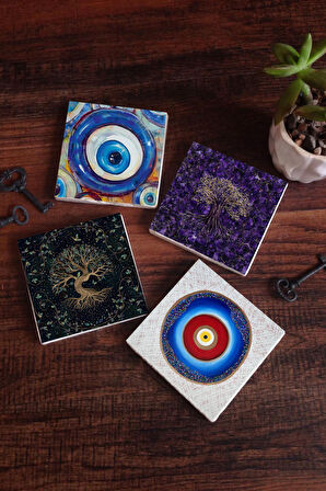 Nazar, Hayat Ağacı Taş Bardak Altlığı Masaüstü Koruyucu Altlık 4 Parça Set 10x10cm Stone Coasters