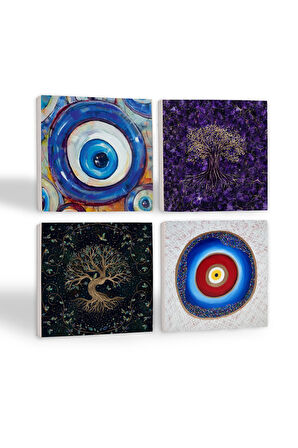 Nazar, Hayat Ağacı Taş Bardak Altlığı Masaüstü Koruyucu Altlık 4 Parça Set 10x10cm Stone Coasters