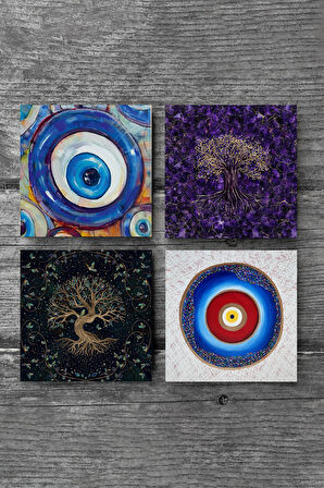Nazar, Hayat Ağacı Taş Bardak Altlığı Masaüstü Koruyucu Altlık 4 Parça Set 10x10cm Stone Coasters