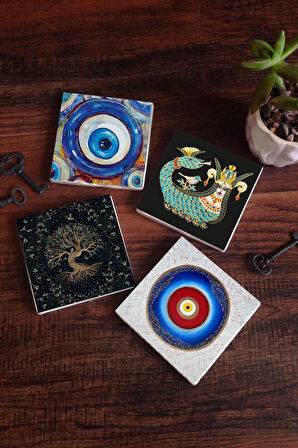 Nazar, Hayat Ağacı, Şahmeran Taş Bardak Altlığı Masaüstü Koruyucu Altlık 4 Parça Set 10x10cm Stone Coasters
