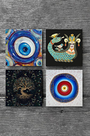 Nazar, Hayat Ağacı, Şahmeran Taş Bardak Altlığı Masaüstü Koruyucu Altlık 4 Parça Set 10x10cm Stone Coasters