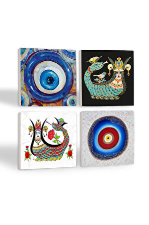 Nazar, Şahmeran Taş Bardak Altlığı Masaüstü Koruyucu Altlık 4 Parça Set 10x10cm Stone Coasters