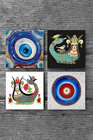 Nazar, Şahmeran Taş Bardak Altlığı Masaüstü Koruyucu Altlık 4 Parça Set 10x10cm Stone Coasters