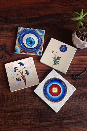 Nazar, Ebru Sanatı Taş Bardak Altlığı Masaüstü Koruyucu Altlık 4 Parça Set 10x10cm Stone Coasters