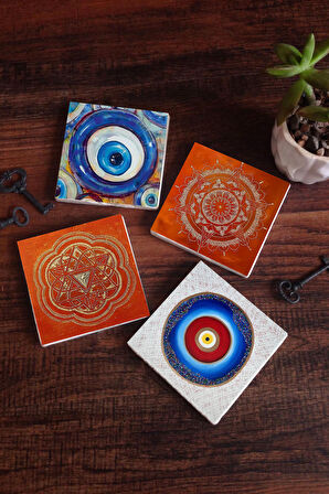 Nazar, Sri Yantra, Mandala Taş Bardak Altlığı Masaüstü Koruyucu Altlık 4 Parça Set 10x10cm Stone Coasters