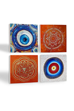 Nazar, Sri Yantra, Mandala Taş Bardak Altlığı Masaüstü Koruyucu Altlık 4 Parça Set 10x10cm Stone Coasters