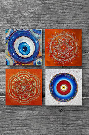 Nazar, Sri Yantra, Mandala Taş Bardak Altlığı Masaüstü Koruyucu Altlık 4 Parça Set 10x10cm Stone Coasters
