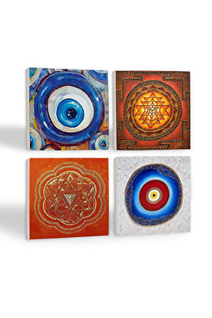 Nazar, Sri Yantra Taş Bardak Altlığı Masaüstü Koruyucu Altlık 4 Parça Set 10x10cm Stone Coasters