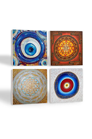 Nazar, Sri Yantra Taş Bardak Altlığı Masaüstü Koruyucu Altlık 4 Parça Set 10x10cm Stone Coasters