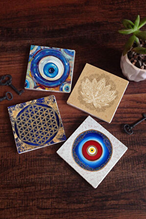 Nazar, Lotus Çiçeği, Yaşam Çiçeği Taş Bardak Altlığı Masaüstü Koruyucu Altlık 4 Parça Set 10x10cm Stone Coasters