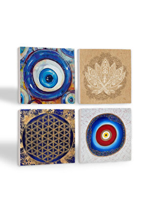 Nazar, Lotus Çiçeği, Yaşam Çiçeği Taş Bardak Altlığı Masaüstü Koruyucu Altlık 4 Parça Set 10x10cm Stone Coasters