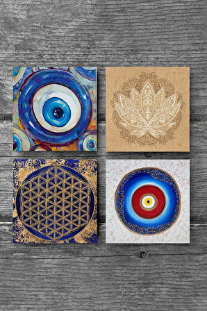 Nazar, Lotus Çiçeği, Yaşam Çiçeği Taş Bardak Altlığı Masaüstü Koruyucu Altlık 4 Parça Set 10x10cm Stone Coasters