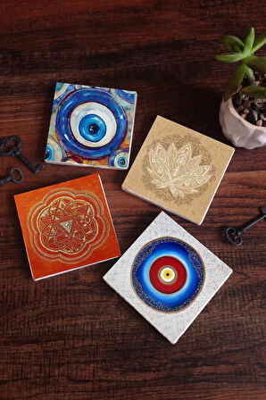 Nazar, Lotus Çiçeği, Sri Yantra Taş Bardak Altlığı Masaüstü Koruyucu Altlık 4 Parça Set 10x10cm Stone Coasters