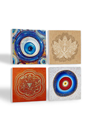 Nazar, Lotus Çiçeği, Sri Yantra Taş Bardak Altlığı Masaüstü Koruyucu Altlık 4 Parça Set 10x10cm Stone Coasters