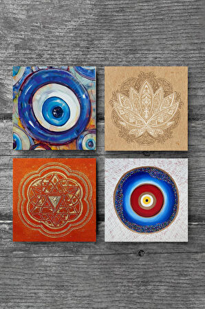 Nazar, Lotus Çiçeği, Sri Yantra Taş Bardak Altlığı Masaüstü Koruyucu Altlık 4 Parça Set 10x10cm Stone Coasters