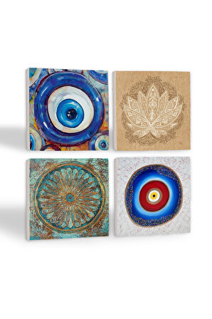 Nazar, Yaşam Çiçeği, Lotus Çiçeği Taş Bardak Altlığı Masaüstü Koruyucu Altlık 4 Parça Set 10x10cm Stone Coasters