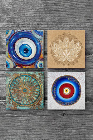 Nazar, Yaşam Çiçeği, Lotus Çiçeği Taş Bardak Altlığı Masaüstü Koruyucu Altlık 4 Parça Set 10x10cm Stone Coasters