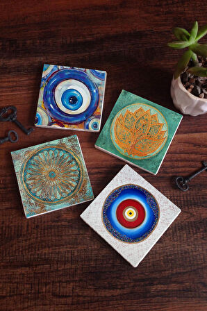 Nazar, Lotus Çiçeği, Yaşam Çiçeği Taş Bardak Altlığı Masaüstü Koruyucu Altlık 4 Parça Set 10x10cm Stone Coasters