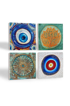 Nazar, Lotus Çiçeği, Yaşam Çiçeği Taş Bardak Altlığı Masaüstü Koruyucu Altlık 4 Parça Set 10x10cm Stone Coasters
