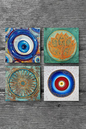 Nazar, Lotus Çiçeği, Yaşam Çiçeği Taş Bardak Altlığı Masaüstü Koruyucu Altlık 4 Parça Set 10x10cm Stone Coasters