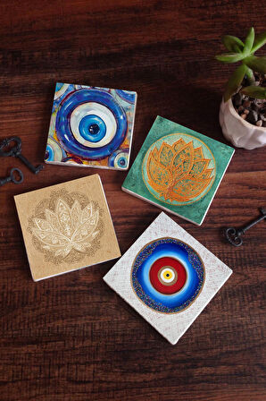 Nazar, Lotus Çiçeği Taş Bardak Altlığı Masaüstü Koruyucu Altlık 4 Parça Set 10x10cm Stone Coasters