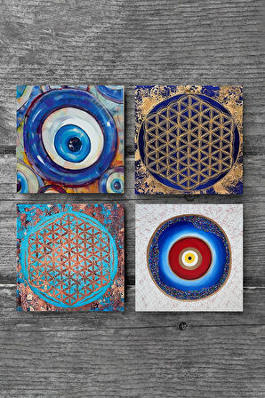 Nazar, Yaşam Çiçeği Taş Bardak Altlığı Masaüstü Koruyucu Altlık 4 Parça Set 10x10cm Stone Coasters