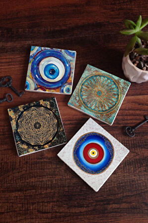Nazar, Sri Yantra, Yaşam Çiçeği Taş Bardak Altlığı Masaüstü Koruyucu Altlık 4 Parça Set 10x10cm Stone Coasters