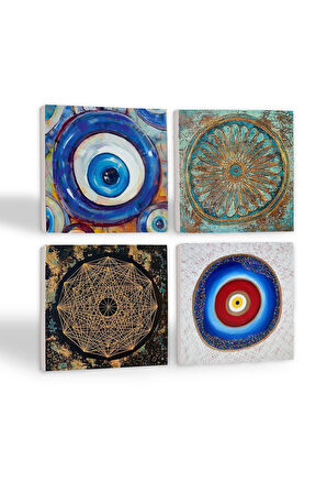 Nazar, Sri Yantra, Yaşam Çiçeği Taş Bardak Altlığı Masaüstü Koruyucu Altlık 4 Parça Set 10x10cm Stone Coasters