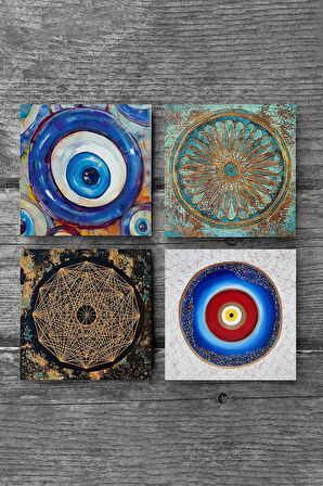 Nazar, Sri Yantra, Yaşam Çiçeği Taş Bardak Altlığı Masaüstü Koruyucu Altlık 4 Parça Set 10x10cm Stone Coasters