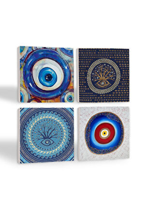 Nazar Taş Bardak Altlığı Masaüstü Koruyucu Altlık 4 Parça Set 10x10cm Stone Coasters