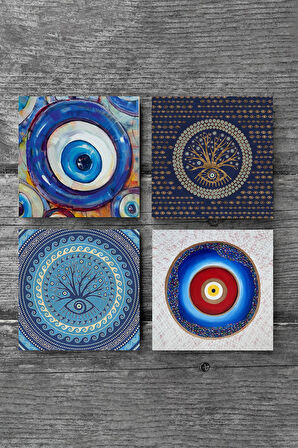 Nazar Taş Bardak Altlığı Masaüstü Koruyucu Altlık 4 Parça Set 10x10cm Stone Coasters